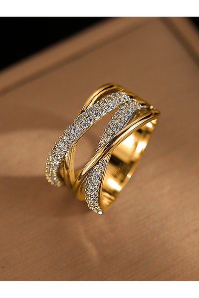 Take Two By Styli Gold Plated Zirconia Criss-Cross Ring