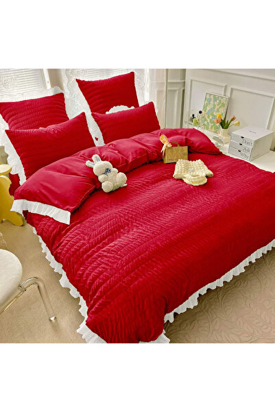JOJO HOME Lenjerie de pat creponata, 100% bumbac, pat 2 persoane, rosu, 6 pie...