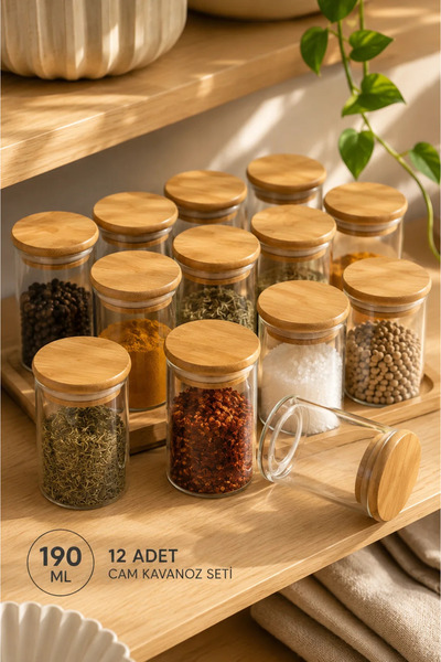 Tutku Home 12'li Bambu Kapaklı Cam Baharatlık (190 Ml x 12)