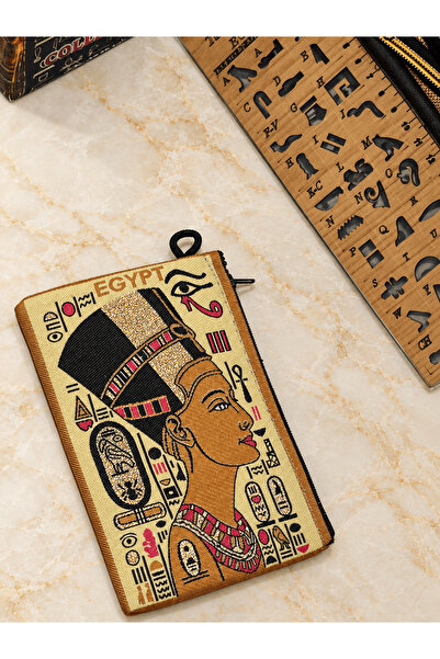 Nefertiti Portre Desenli Fermuarlı Kese Çanta