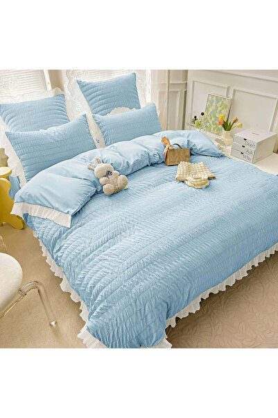 JOJO HOME Lenjerie de pat creponata, 100% bumbac, pat 2 persoane, bleu, 6 pie...