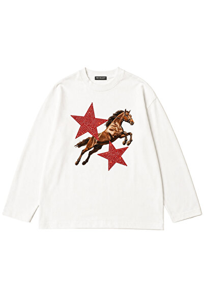 Fer Valiant Μακρυμάνικο μπλουζάκι Unisex με στάμπα Star Horse και στρας, Over...