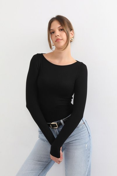 HDM Kadın Siyah Kayık Yaka Yumuşak Örme Uzun Kollu Bluz - H6179