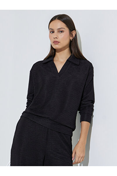 Styli Black Textured Open Collar Knit Top