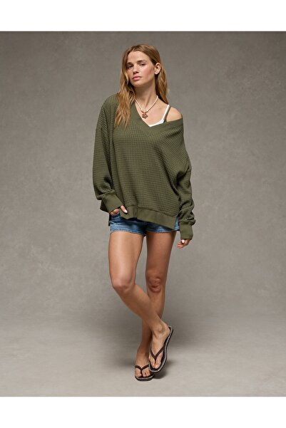 AMERICAN EAGLE AE Big Hug V-Neck Waffle Sweatshirt