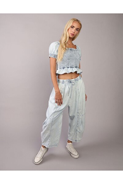 AMERICAN EAGLE AE High Neck Puff Sleeve Smocked T-Shirt
