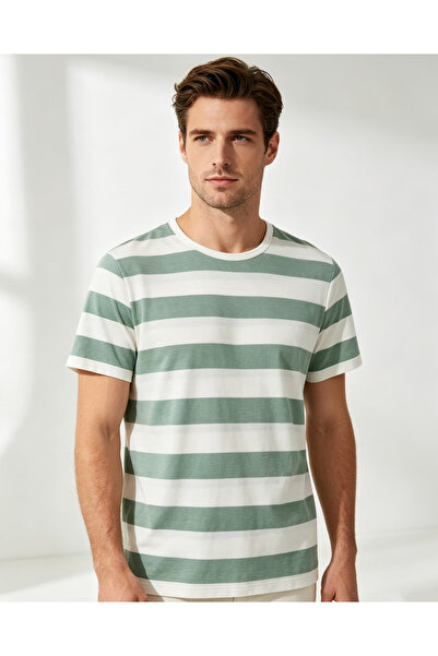Take Two By Styli Green Striped Cotton Round Neck T-Shirt
