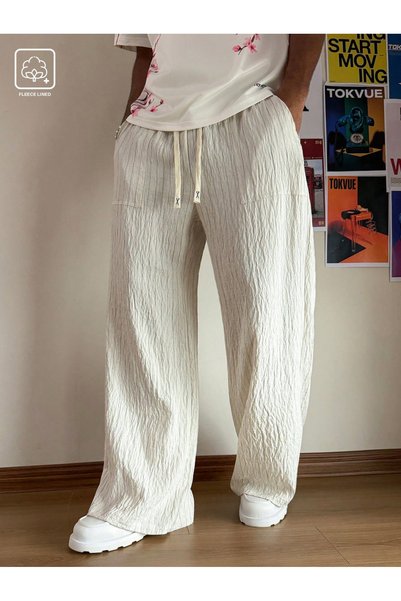 Take Two By Styli Men Beige Crinkle Texture Wide-Leg Trousers