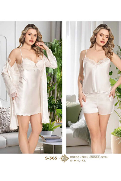 DAWN LİNE 6 Parça Güpür Dantelli Saten Gecelik Sabahlık Pijama Takım Şort Tak...