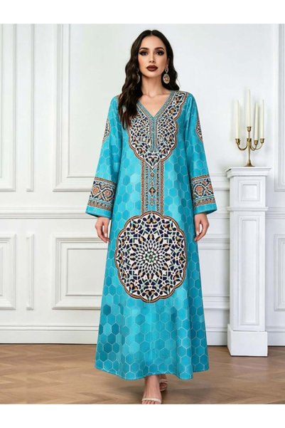 Take Two By Styli Blue V Neck Graphic Print Jalabiya