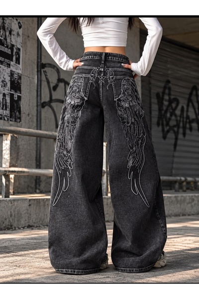 eyonnwear Y2K Πλυμένο τζιν παντελόνι με κεντημένα φτερά αγγέλου και φαρδιά γρ...