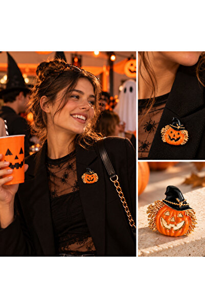 Halloween Balkabağı Broş – Cadı Şapkalı Turuncu Gold Aksesuar