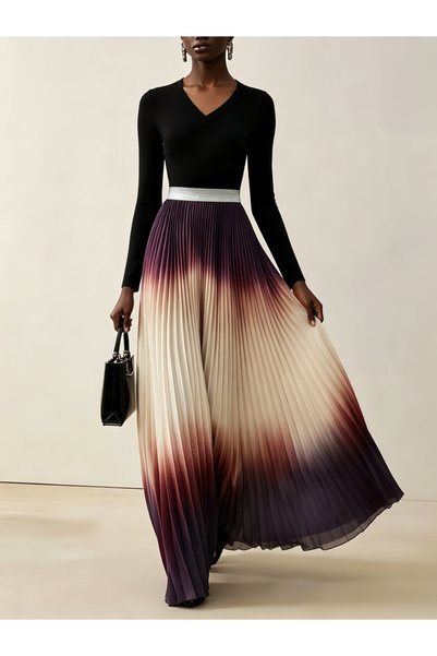Take Two By Styli Multi-Color Block Maxi Pleated A-Line Dress with Long Sleeves