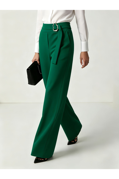 Take Two By Styli Emerald Green Wide-Leg Trousers with Belted Waist