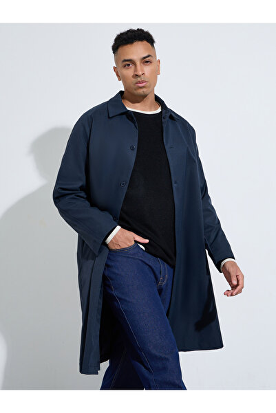Styli Navy Blue Solid Regular Fit Button-Up Trench Coat