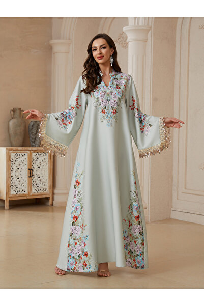 Take Two By Styli Teal Floral Maxi Jalabiya Dress with Sequin Sleeves
