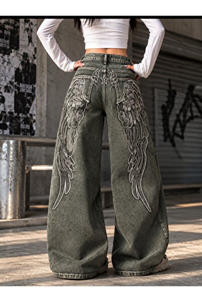 eyonnwear Y2K Πλυμένο τζιν παντελόνι με κεντημένα φτερά αγγέλου και φαρδιά γρ...