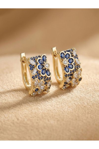 Take Two By Styli Gold and Blue Zirconia Floral Hoop Earrings for Women - Per...
