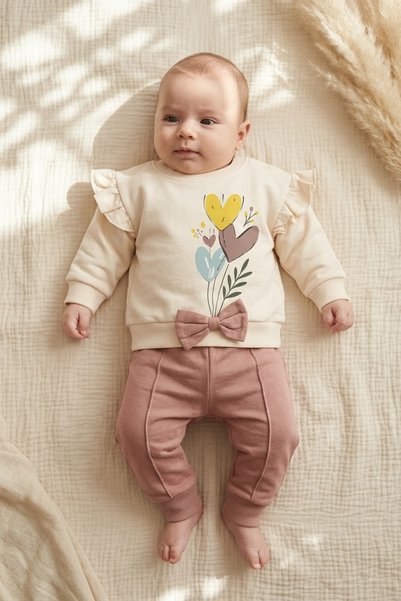 Babydonat Aria Bloom Baby Girl Ruffle Detailed Heart Patterned Top and Bottom...
