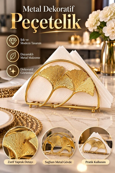Kitchen Beauty Gold Peçetelik Dekoratif Yaprak Desenli Peçete Tutucu Masaüstü...