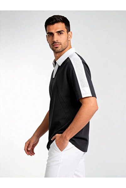 Take Two By Styli Black Contrast Collar Short Side Striped Sleeves Polo T-Shirt
