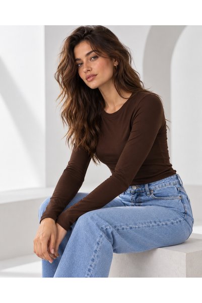 FAVORİST Kadın Parmak Geçmeli Uzun Kollu Bisiklet Yaka %100 Pamuk Body OVV-1