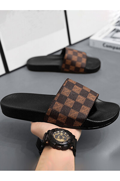 Take Two By Styli Men Brown Checkered Slides