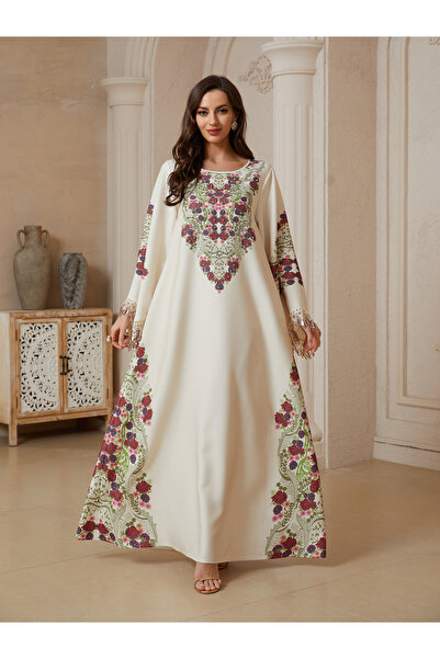 Take Two By Styli Beige Maxi Jalabiya with Floral Print and Tassel Detail