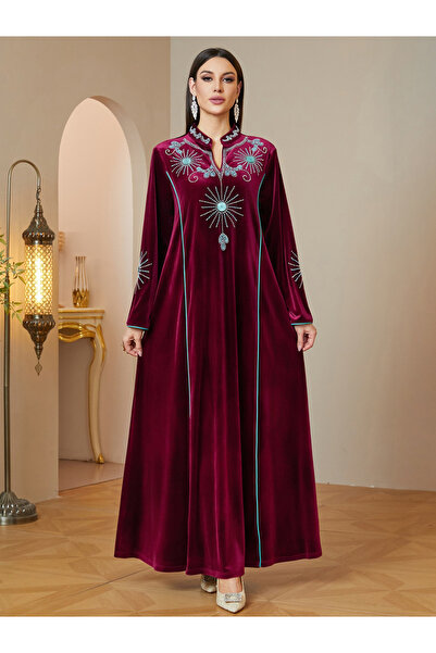 Take Two By Styli Velvet Embroidered Maxi Jalabiya Dress - Red