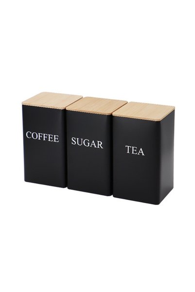 Generic Brand Set of 3 Airtight Jars, Coffee, Tea, Sugar, Bamboo Lid, Black