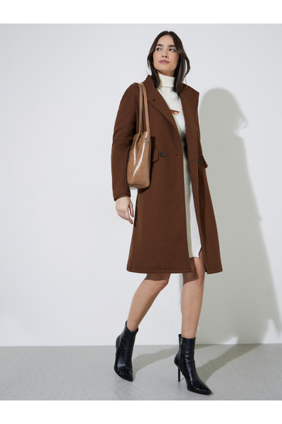 Styli Coffee Brown Regular Fit Double Breasted Belted Wool Like Coat