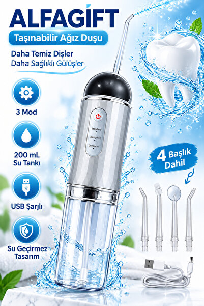 ALFAGİFT USB Şarjlı Taşınabilir Ağız Duşu 200 ml 3 Mod 4 Başlıklı Kablosuz Diş Arası Temizleme Cihazı