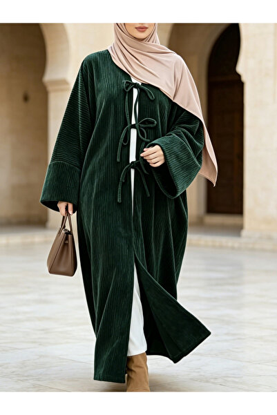 Take Two By Styli Green Corduroy Open Abaya with Ties