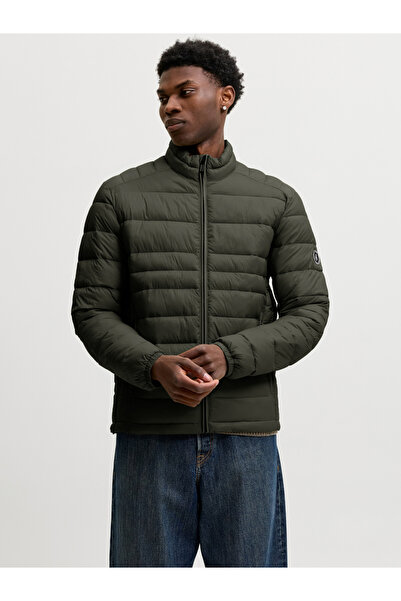 Jack & Jones Olive JJEKINGSLEY Logo Patchwork Zip-Up Puffer Jacket