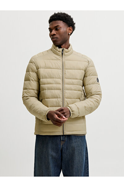 Jack & Jones Beige JJEKINGSLEY Logo Patchwork Zip-Up Puffer Jacket