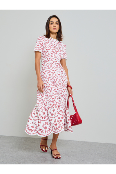 Take Two By Styli Embroidered Midi A-Line Dress with Short Sleeves