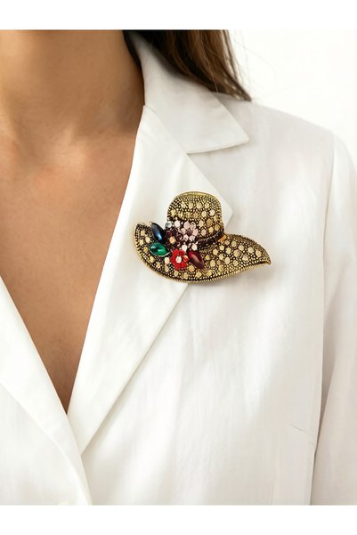 Take Two By Styli Glamorous Gold Sun Hat Brooch with Colorful Rhinestones
