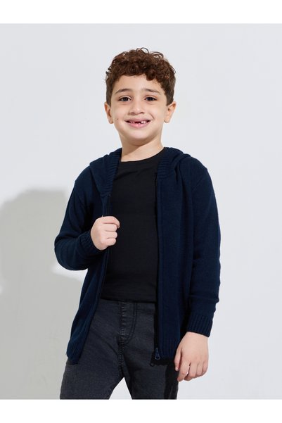 Styli Boys Navy Hooded Zip-Up Knit Sweater