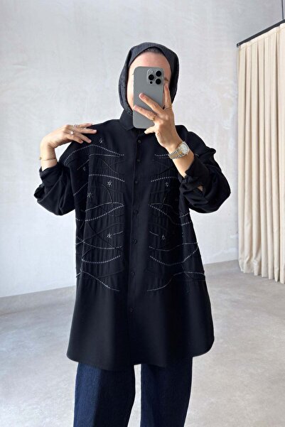 Ka Hijab Geometrik İşleme Oversize Gömlek - Siyah