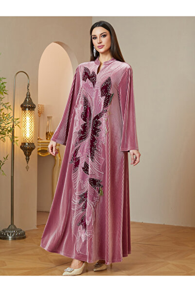 Take Two By Styli Elegant Pink Maxi Jalabiya with Embellished Butterfly Design