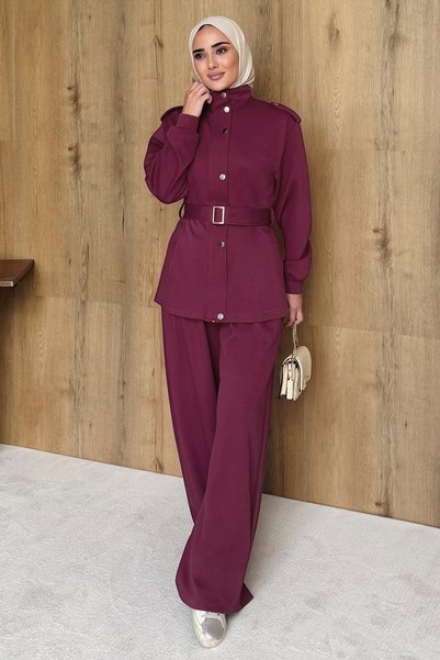 InStyle Belted Snap Detail Plum Double Set