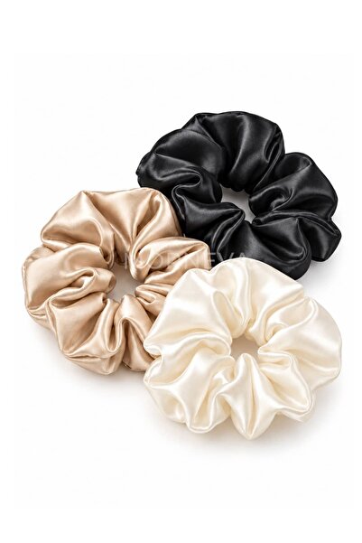 MORNEVA Set of 3 Satin Buckle Scrunchies (Black-Ecru-Cream)