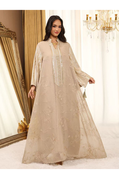 Take Two By Styli Beige Maxi Jalabiya with Sequin and Embroidered Design - El...