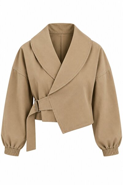 Laluvia Koyu Bej Kendinden Kemerli Crop Ceket - 5169