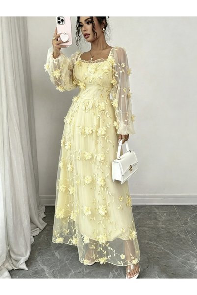 Take Two By Styli Yellow Floral A-Line Maxi Dress with Sheer Long Sleeves