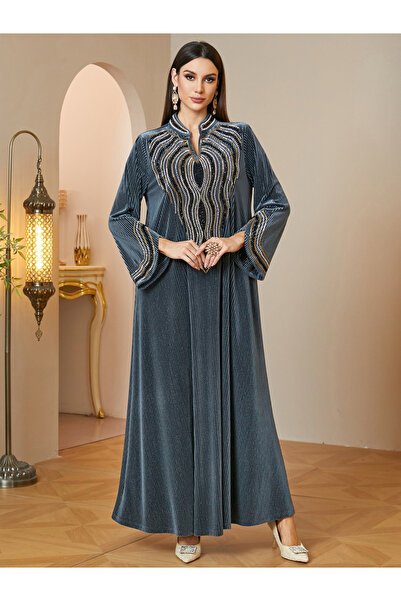Take Two By Styli Grey Maxi Jalabiya with Intricate Embroidery