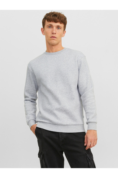 Jack & Jones Grey JJEBRADLEY Solid Pullover Crew Neck Sweatshirt