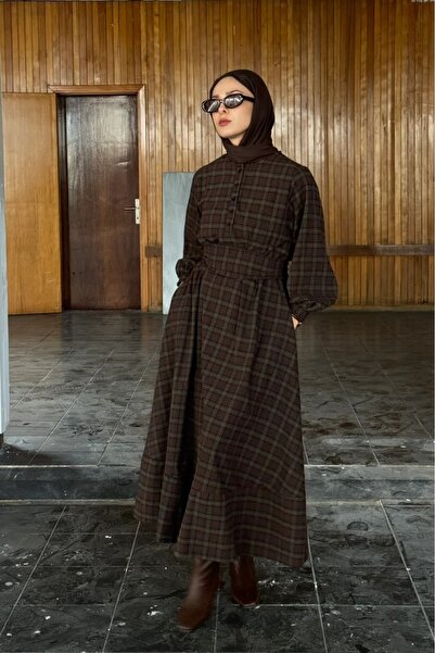 fayaboutique.com Kahverengi Ekose Sweety Elbise
