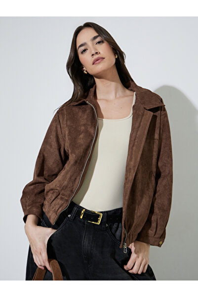 Styli Brown Regular Fit Suede-Look Biker Jacket