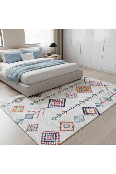 Carpettex Krem ve Çok Renkli Boho Motifli Otantik Dijital Baskı Halı – Kaymaz...